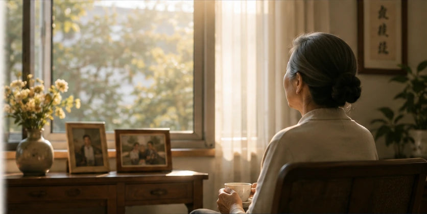 Independent older Chinese parent at home.